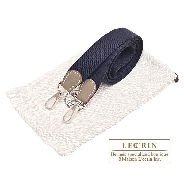 Hermes Evelyne Amazon bag TPM Etoupe grey/ Blue indigo Clemence leather Silver hardware Bandouliere 111cm