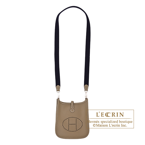 Hermes Evelyne Amazon bag TPM Etoupe grey/ Blue indigo Clemence leather Silver hardware Bandouliere 111cm