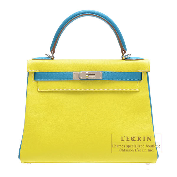 Hermes Kelly bag 32 Retourne Turquoise blue Clemence leather