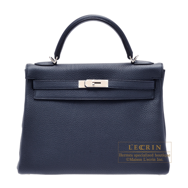 Hermes　Kelly bag 32　Retourne　Blue obscurs　Clemence leather　Silver hardware