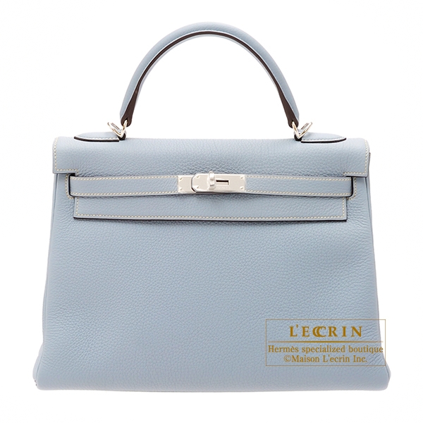 Hermes Kelly bag 32 Retourne Blue lin Togo leather Silver