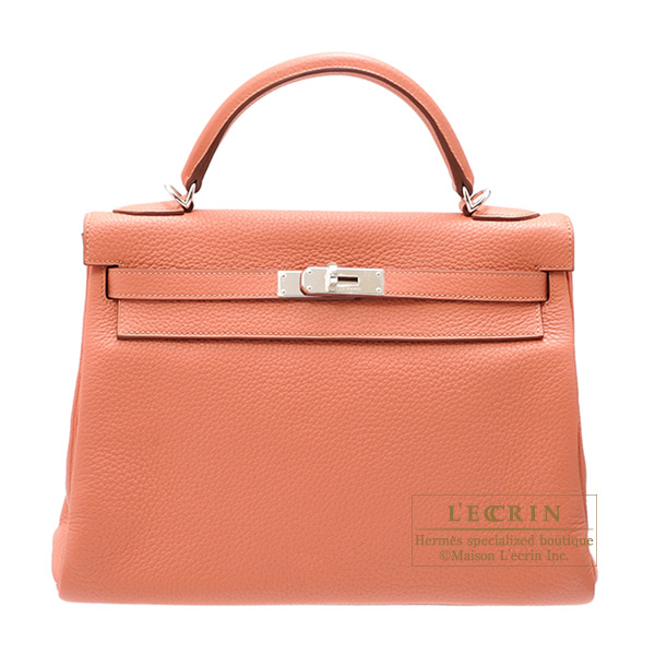 Hermes Kelly  bag 32 Retourne Rose tea Clemence leather Silver  hardware