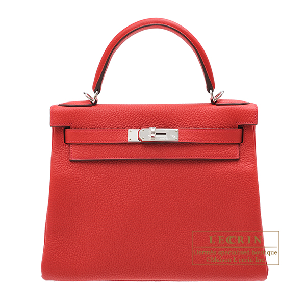 Hermes　Kelly bag 28　Retourne　Rouge casaque　Clemence leather　Silver hardware