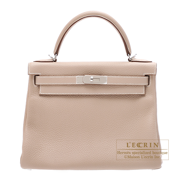 Hermes　Kelly bag 28　Retourne　Argile　Clemence leather　Silver hardware