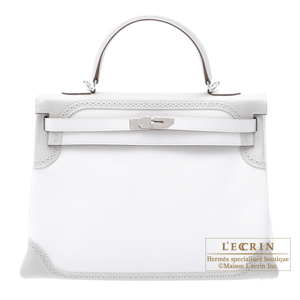 Hermes Kelly Ghillies bag 35 Retourne White Pearl grey Swift leather Silver hardware L ecrin Boutique Singapore