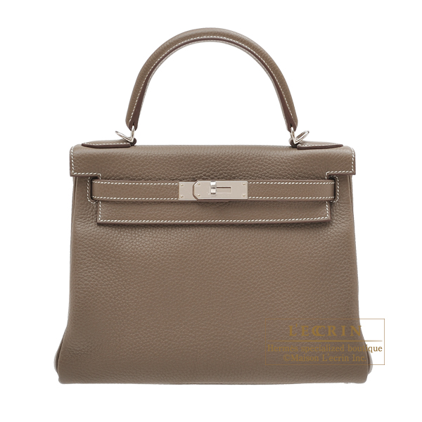 Hermes　Kelly bag 28　Retourne　Etoupe grey　Clemence leather　Silver hardware