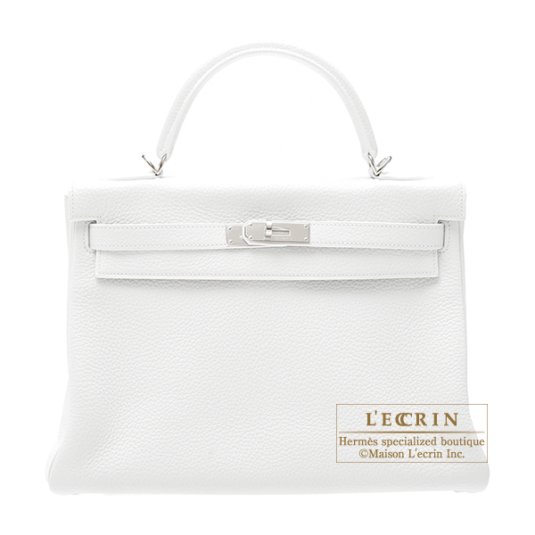 Hermes　Kelly bag 32　Retourne　White　Clemence leather　Silver hardware