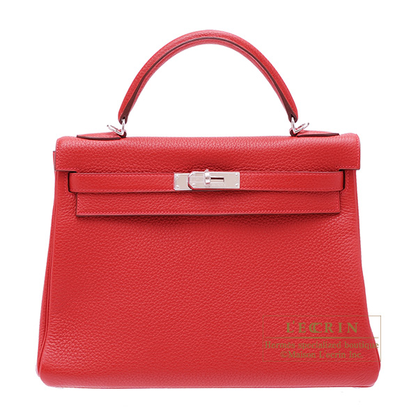 Hermes　Kelly bag 32　Retourne　Rouge casaque　Clemence leather　Silver hardware