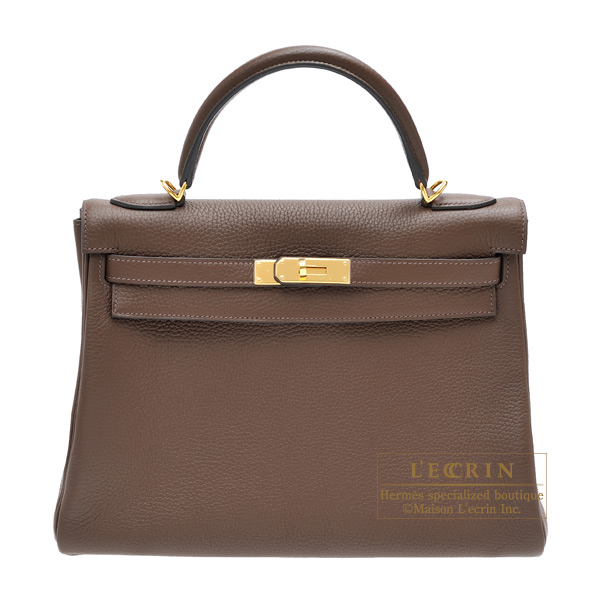 Hermes　Kelly bag 32　Retourne　Cacao　Clemence leather　Gold hardware