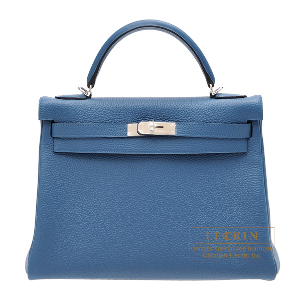 Hermes　Kelly bag 32　Retourne　Blue thalassa　Clemence leather　Silver hardware