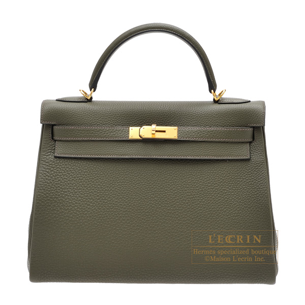 Hermes　Kelly bag 32　Retourne　Olive green　Clemence leather　Gold hardware