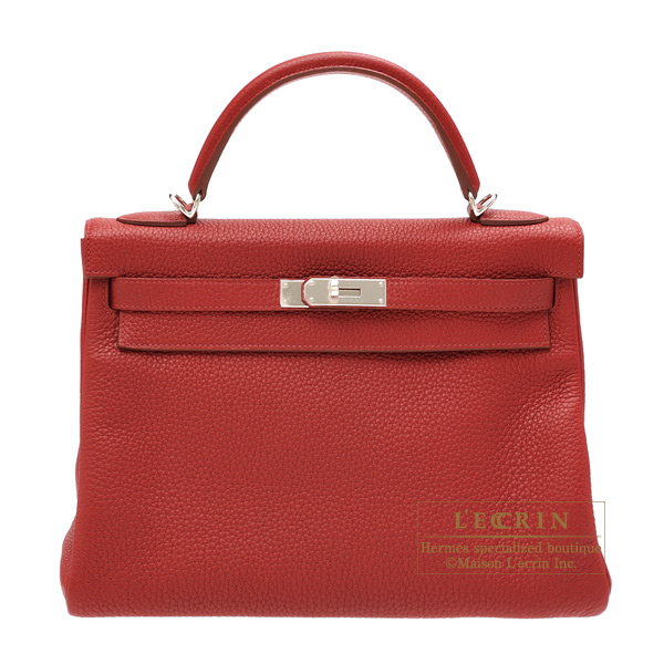 Hermes　Kelly bag 32　Retourne　Rouge garance　Clemence leather　Silver hardware