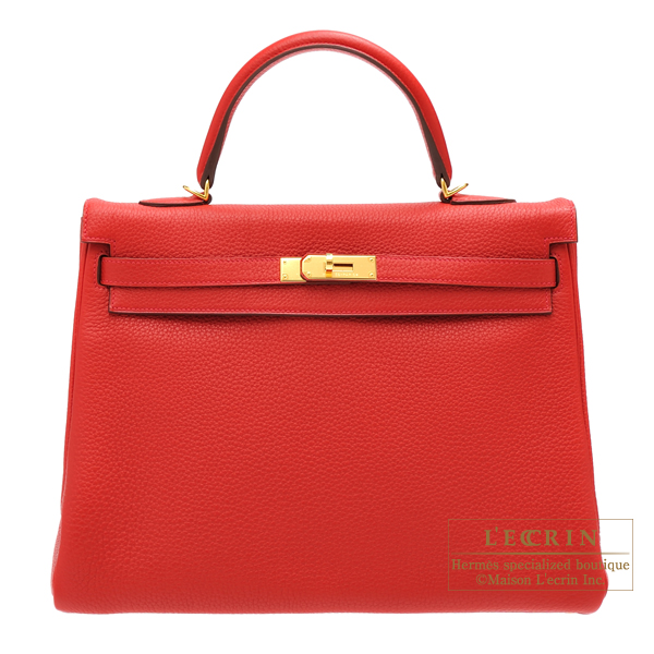Hermes　Kelly bag 35　Retourne　Rouge casaque　Clemence leather　Gold hardware