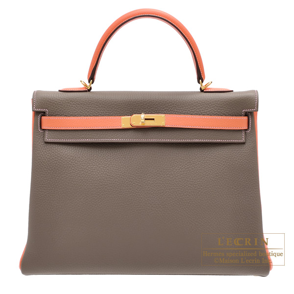 Hermes　Personal Kelly bag 35　Retourne　Etoupe grey/Crevette　Clemence leather　Gold hardware