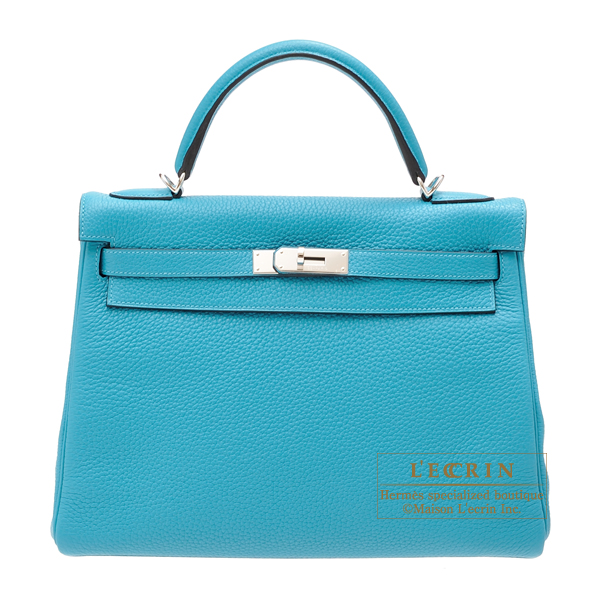 Hermes　Kelly Amazon bag 32　Retourne　Turquoise blue　Clemence leather　Silver hardware