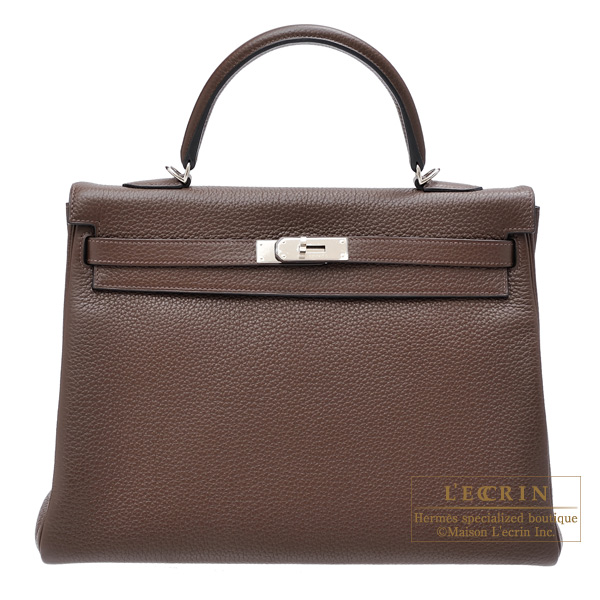 Hermes　Kelly bag 35　Retourne　Cacao　Clemence leather　Silver hardware