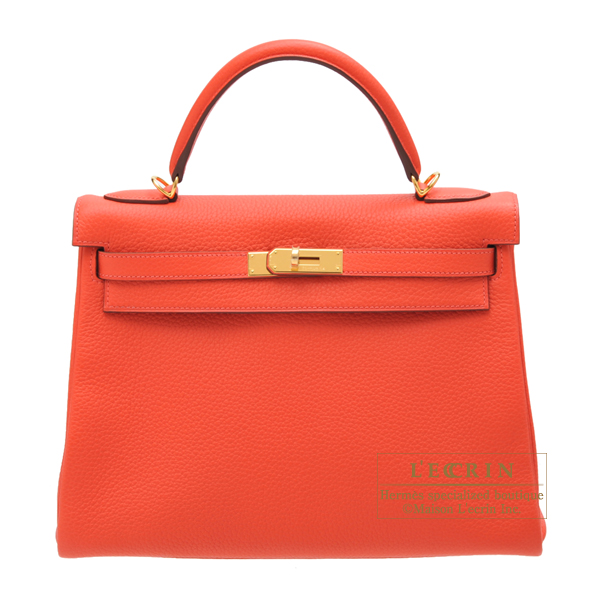 Hermes　Kelly bag 32　Retourne　Rouge pivoine　Clemence leather　Gold hardware