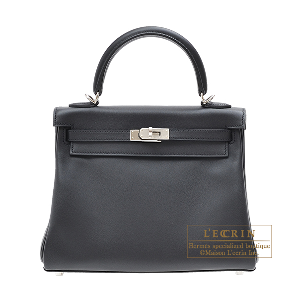 Hermes　Kelly bag 25　Retourne　Black　Swift leather　Silver hardware