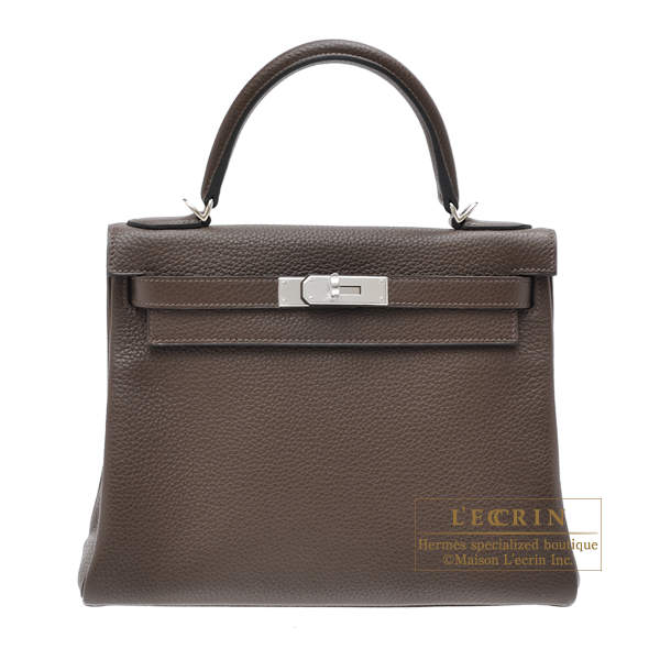 Hermes　Kelly bag 28　Retourne　Cafe　Clemence leather　Silver hardware