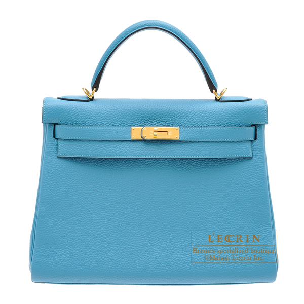 Hermes　Kelly bag 32　Retourne　Turquoise blue　Clemence leather　Gold hardware