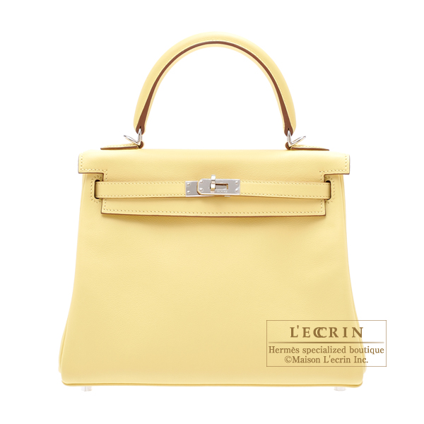 Hermes　Kelly bag 25　Retourne　Jaune poussin　Swift leather　Silver hardware