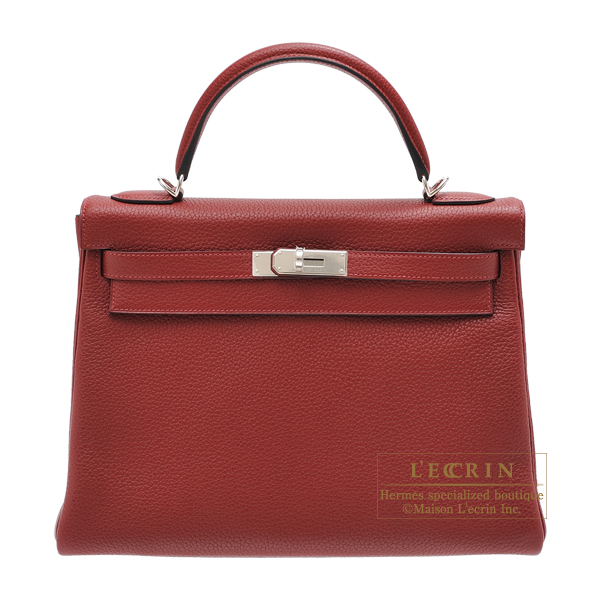 Hermes　Kelly bag 32　Retourne　Rouge H　Clemence leather　Silver hardware