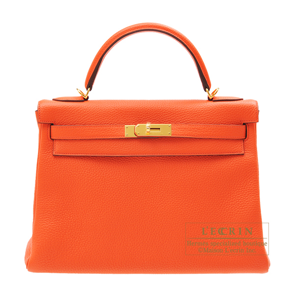 Hermes　Kelly bag 32　Retourne　Orange poppy　Clemence leather　Gold hardware