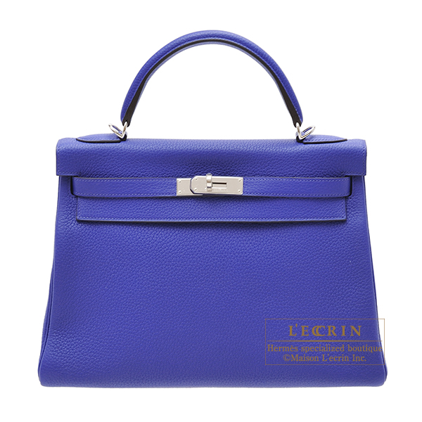 Hermes　Kelly bag 32　Retourne　Blue electric　Clemence leather　Silver hardware