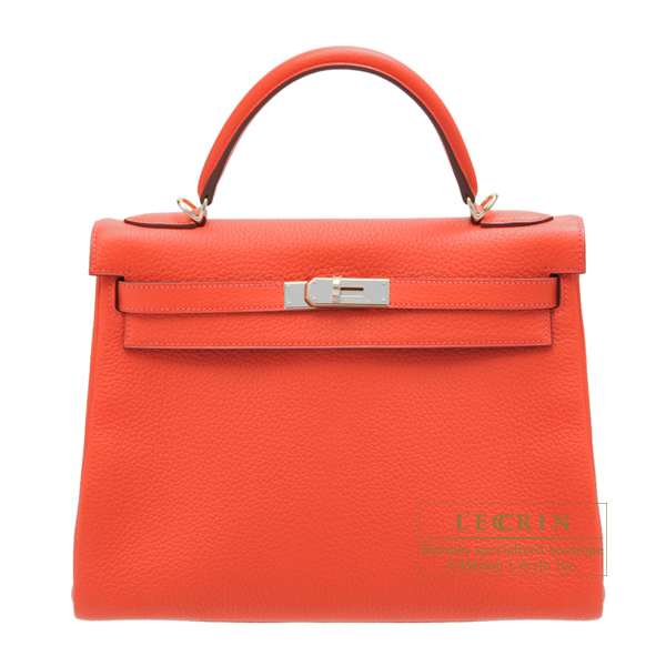 Hermes　Kelly bag 32　Retourne　Rouge pivoine　Clemence leather　Silver hardware