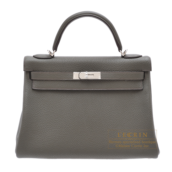 Hermes　Kelly bag 32　Retourne　Vert gris　Clemence leather　Silver hardware