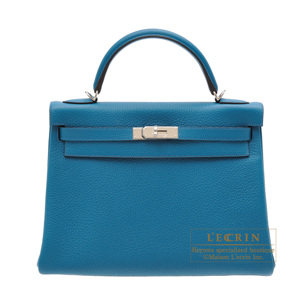 Hermes　Kelly bag 32　Retourne　Blue izmir　Clemence leather　Silver hardware