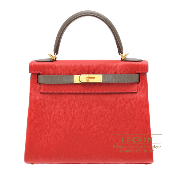 Hermes　Personal Kelly bag 28　Retourne　Rouge casaque/　Etain　Epsom leather　Matt gold hardware