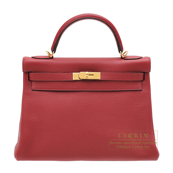 Hermes　Kelly bag 32　Retourne　Rouge grenat　Clemence leather　Gold hardware