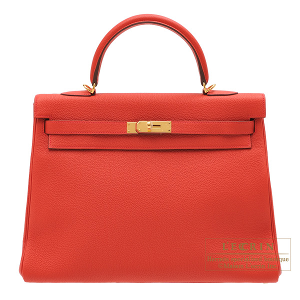 Hermes　Kelly bag 35　Retourne　Geranium　Togo leather　Gold hardware