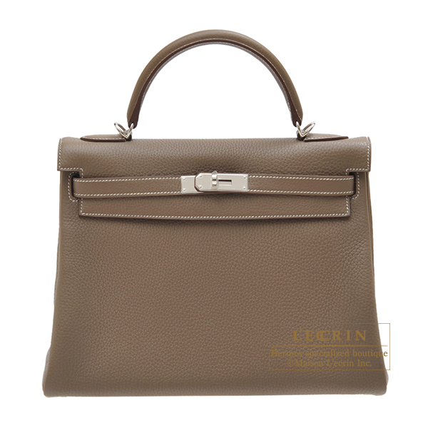 Hermes　Kelly bag 32　Retourne　Etoupe grey　Clemence leather　Silver hardware