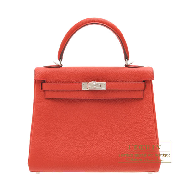 Hermes　Kelly bag 25　Retourne　Geranium　Togo leather　Silver hardware