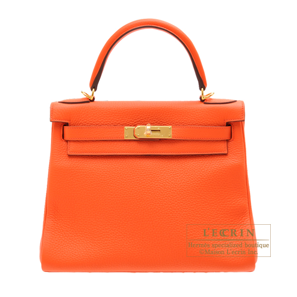 Hermes　Kelly bag 28　Retourne　Orange poppy　Clemence leather　Gold hardware