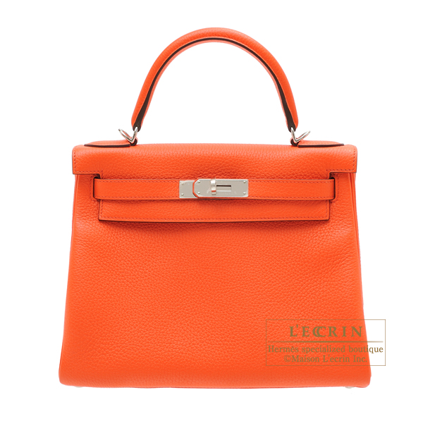 Hermes　Kelly bag 28　Retourne　Orange poppy　Clemence leather　Silver hardware