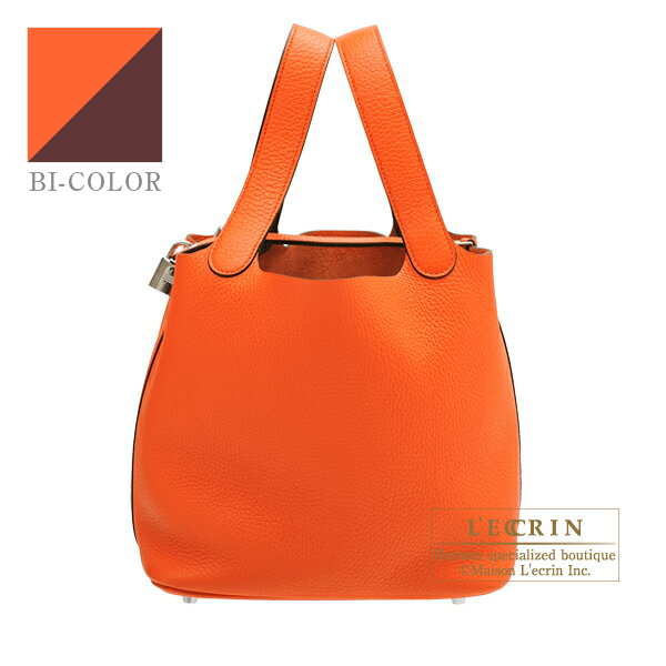 Hermes Picotin Lock Eclat bag MM Orange poppy/ Bordeaux Clemence leather/  Swift leather Silver hardware