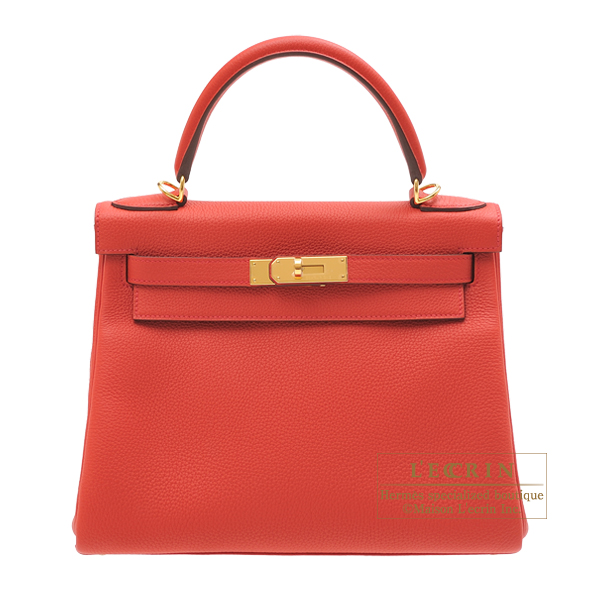 Hermes Kelly bag 28 Retourne Geranium Togo leather Gold hardware