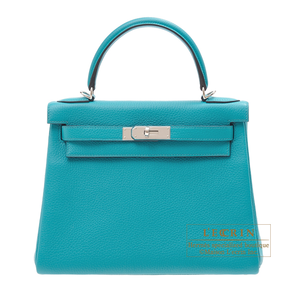 Hermes　Kelly bag 28　Retourne　Blue paon　Clemence leather　Silver hardware