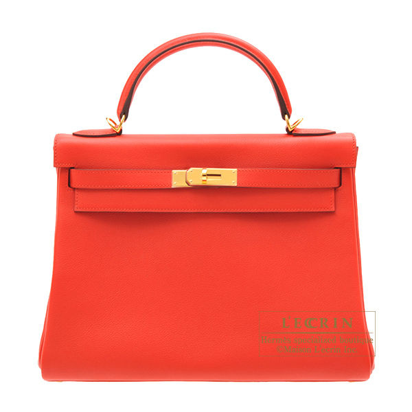 Hermes　Kelly bag 32　Retourne　Rouge tomate　Evercolor leather　Gold hardware