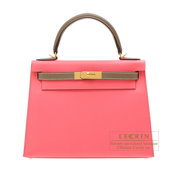 Hermes　Personal Kelly bag 28　Sellier　Rose azalee/　Etoupe grey　Epsom leather　Gold hardware