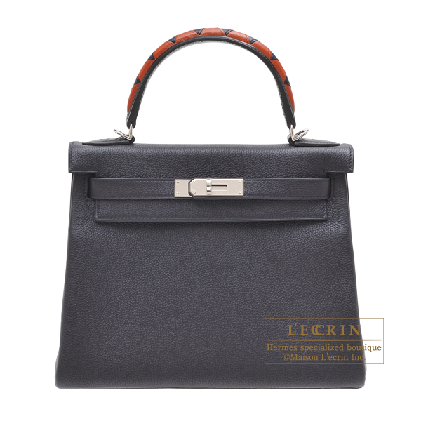 Hermes　Kelly Au Galop bag 28　Retourne　Blue indigo/　Black/Cuivre　Togo leather/　Box calf leather/Chevre myzore goatskin　Silver hardware