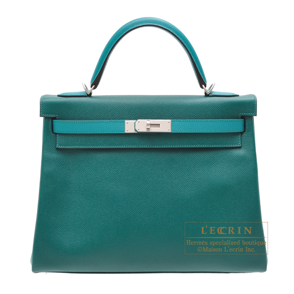 Hermes　Personal Kelly bag 32　Retourne　Malachite/　Blue paon　Epsom leather　Matt silver hardware