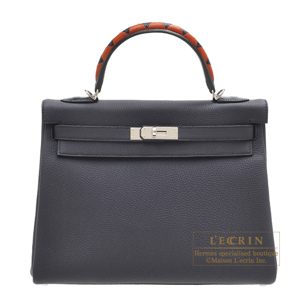 Hermes　Kelly Au Galop bag 32　Retourne　Blue indigo/　Black/Cuivre　Togo leather/　Box calf leather/Chevre myzore goatskin　Silver hardware