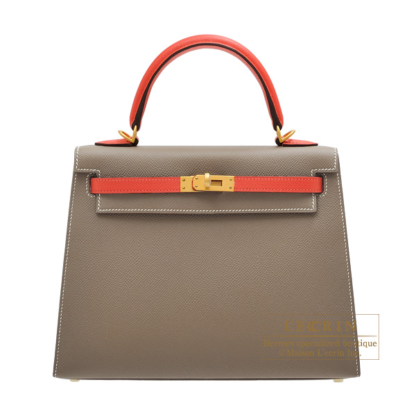 Hermes　Personal Kelly bag 25　Sellier　Etoupe grey/　Rose jaipur　Epsom leather　Matt gold hardware