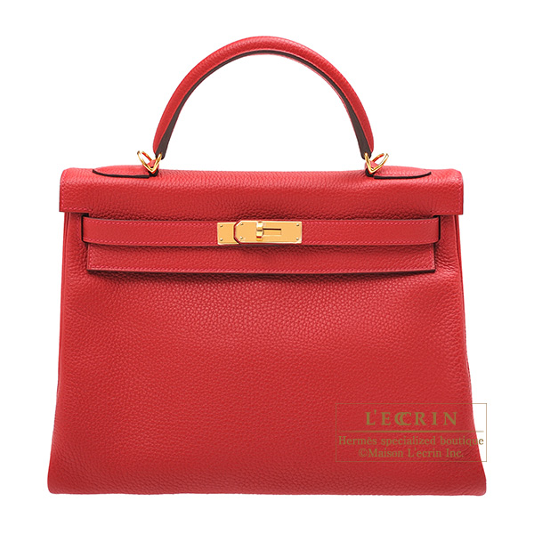 Hermes　Kelly bag 32　Retourne　Rouge casaque　Clemence leather　Gold hardware