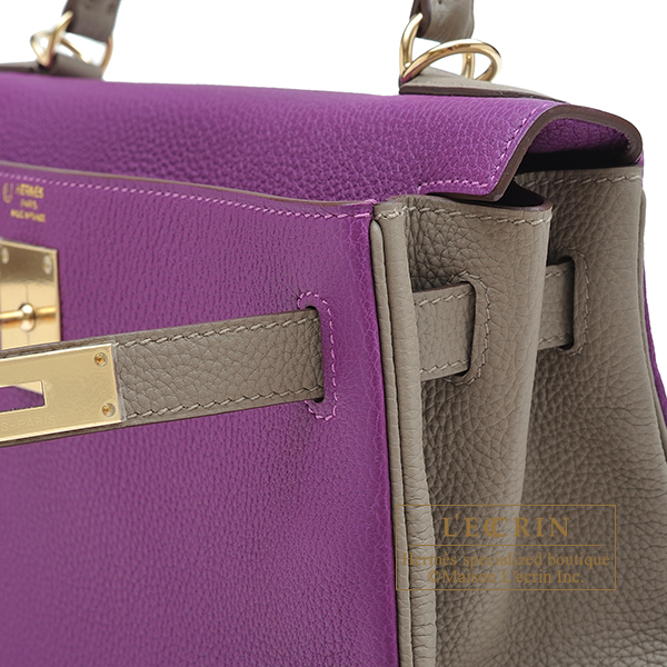 Hermes Personal Kelly bag 28 Retourne Gris mouette/ Rose purple Togo  leather Matt silver hardware