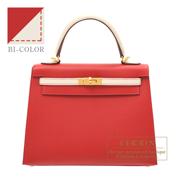 Hermes　Personal Kelly bag 25　Sellier　Rouge casaque/　Craie　Epsom leather　Gold hardware